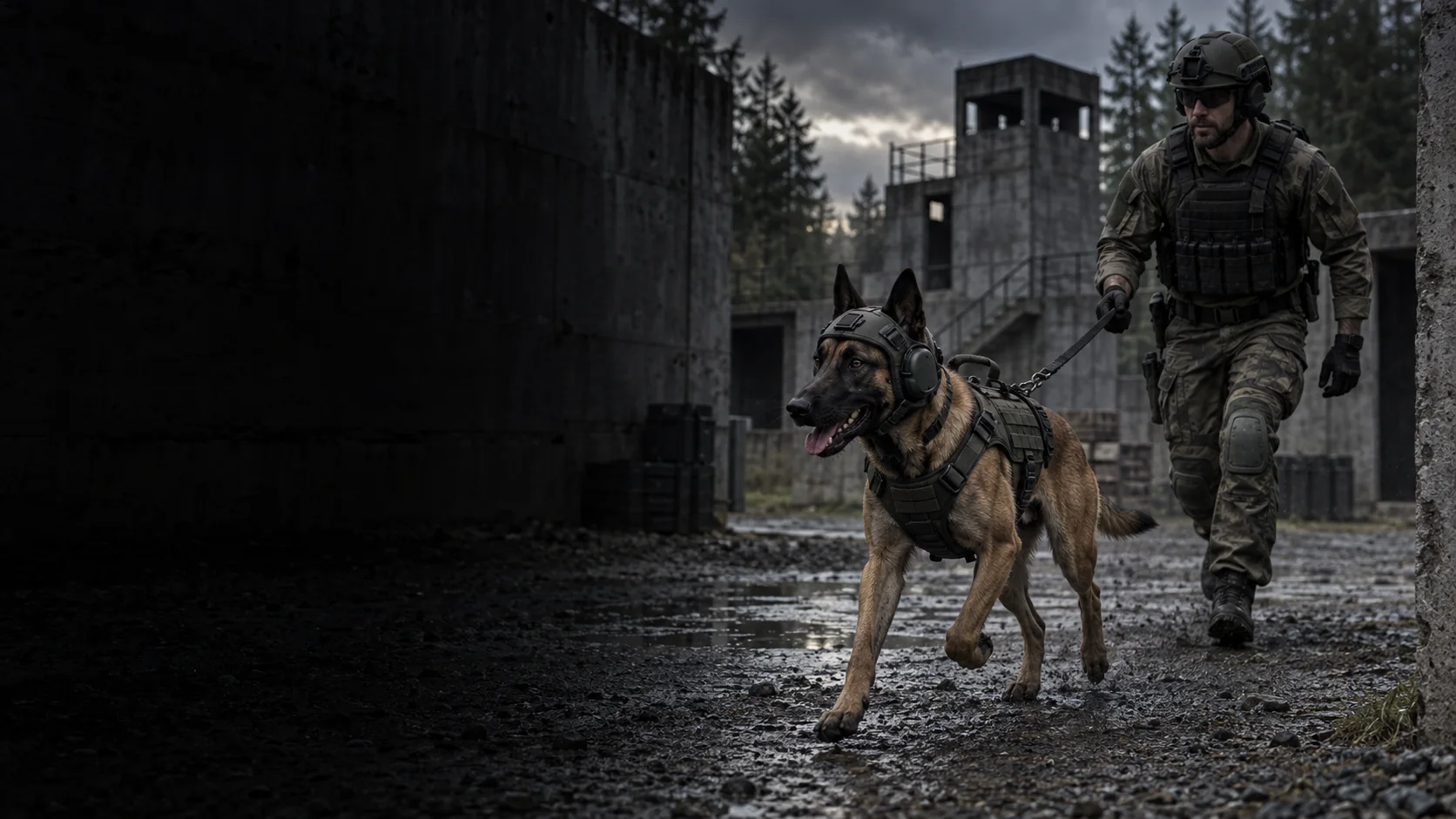DOGINARE Solutions – professionelle K9-Arbeit Symbolmotiv: Ein taktisch ausgerüsteter Hundeführer führt einen Schäferhund an der Leine durch ein bebautes Gelände.