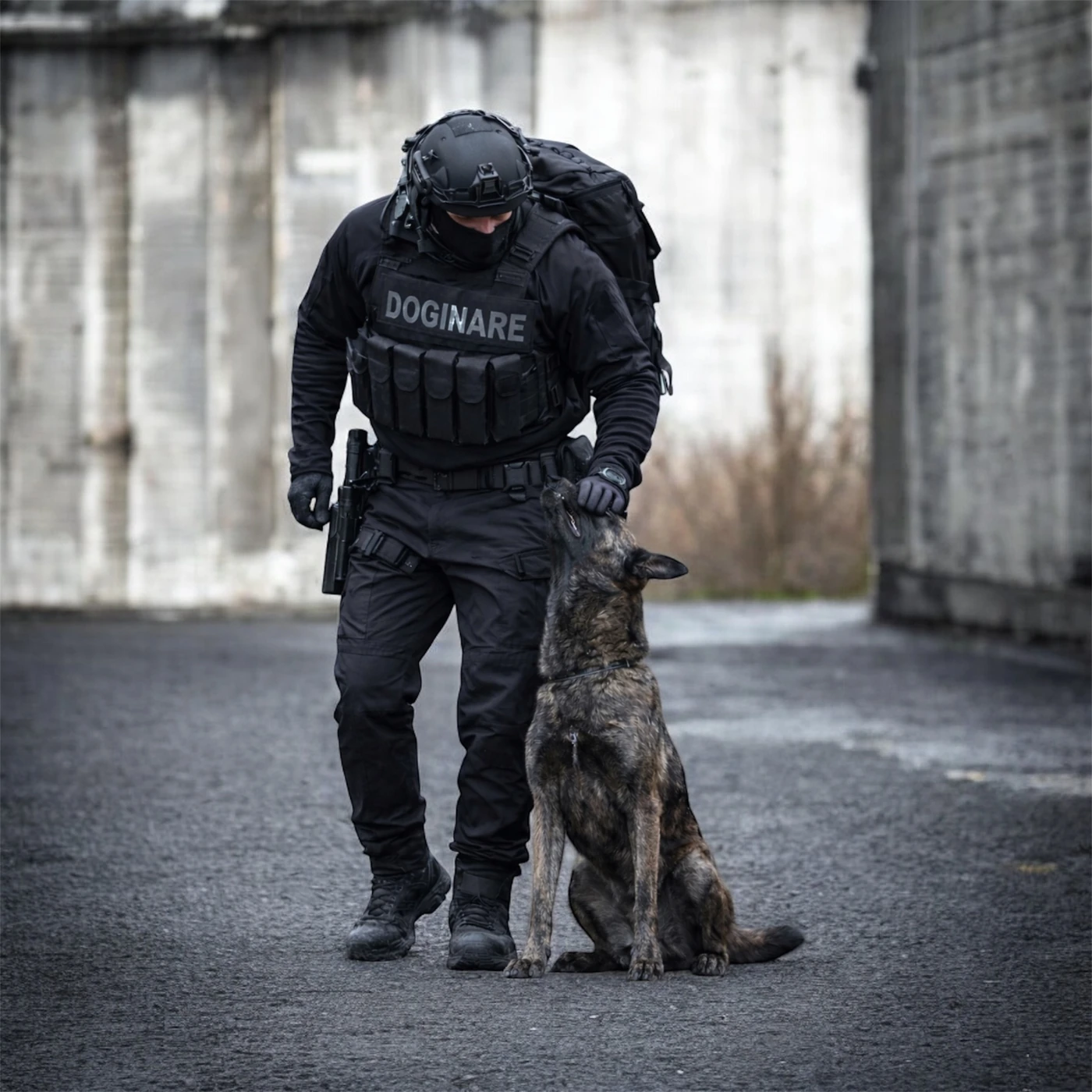 Hundeführer mit DOGINARE-Kennzeichnung und sitzendem Diensthund vor einer Betonwand.