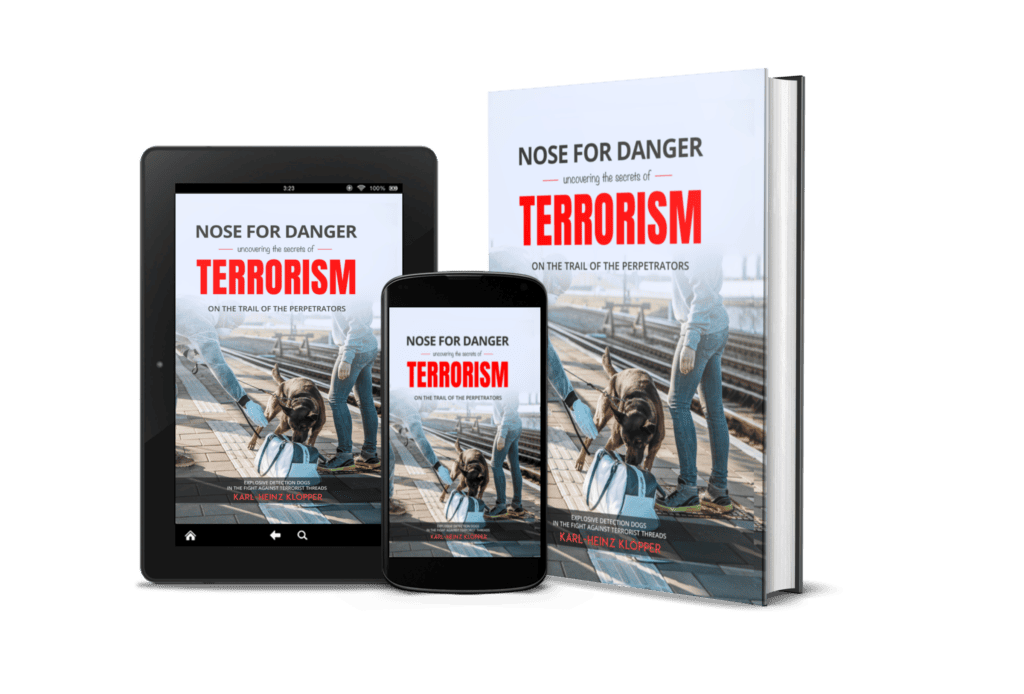 Explosive detection dog sniffing a bag at a train station – book cover of Nose for Danger by Karl-Heinz Klöpper