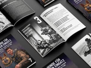 Buchcover von „K9 – Hunde im Dienst“ von Karl-Heinz Klöpper. Abgebildet sind ein Diensthund im Schutzgeschirr und ein Hundeführer in taktischer Einsatzkleidung. Teil der SPARTANAT Black Book Serie.
