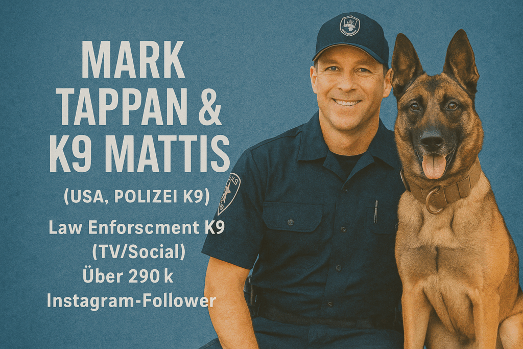 US-Polizist Mark Tappan in Uniform mit seinem Diensthund K9 Mattis, ein belgischer Malinois. Das Duo ist bekannt aus TV und Social Media mit über 290.000 Instagram-Followern. - U.S. police officer Mark Tappan in uniform alongside his service dog K9 Mattis, a Belgian Malinois. The duo is well-known from TV and social media with over 290,000 Instagram followers.