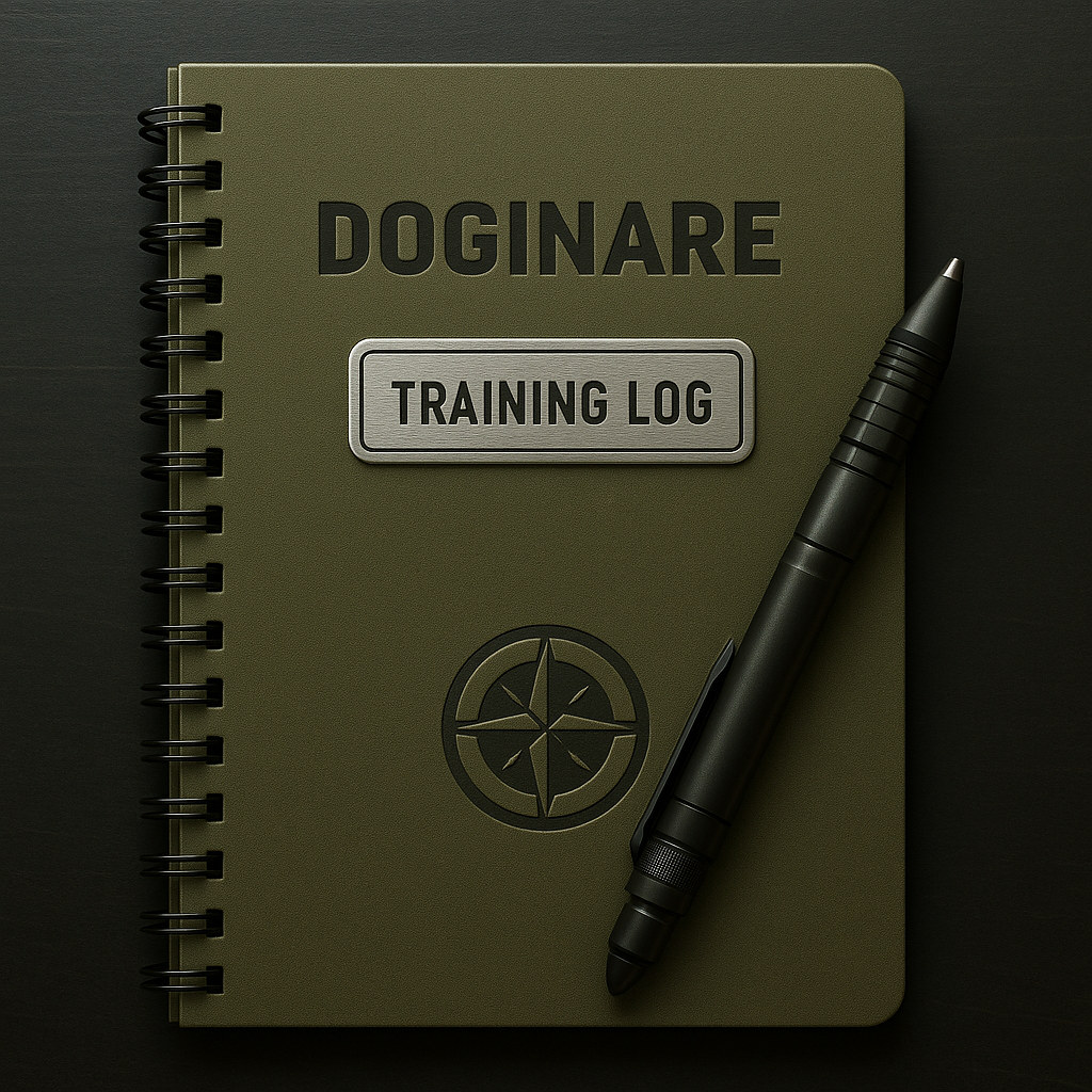 DOGINARE Training Log – Olivgrünes Notizbuch mit Kompasssymbol und Kugelschreiber für K9-Training