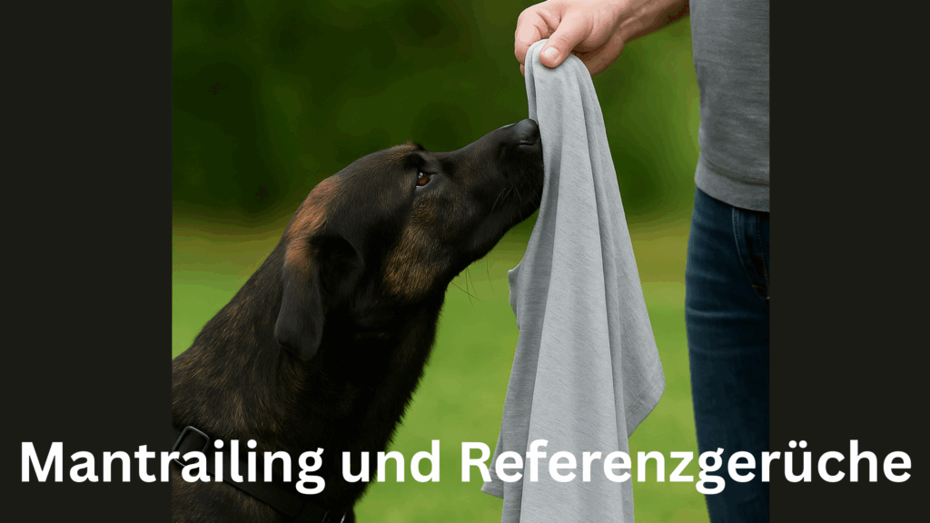 Ein K9-Hund riecht konzentriert an einem grauen T-Shirt, das ihm von einer Person hingehalten wird – Symbolbild für die Arbeit mit Referenzgerüchen im Mantrailing.