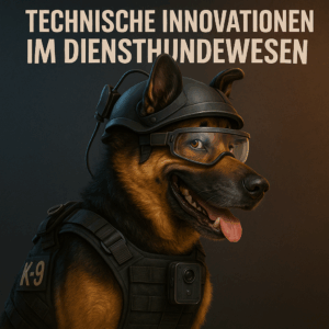 Deutscher Schäferhund mit Helm, Brille und taktischer Weste als High-Tech-Diensthund vor Farbverlauf mit Titel "Technische Innovationen im Diensthundwesen"