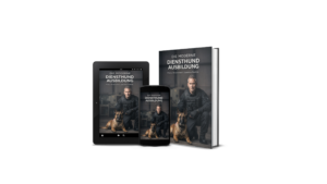 Buchcover „Die moderne Diensthund-Ausbildung“ mit Diensthundeführer und Diensthund, dargestellt als Hardcover, Tablet und Smartphone