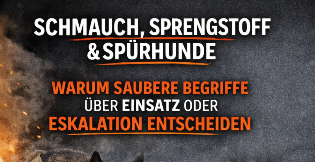 Deutscher Schäferhund in taktischer Ausrüstung untersucht schwarzen Transportkoffer neben dynamitähnlichem Sprengsatz – Titeltext „Schmauch, Sprengstoff & Spürhunde“ in dramatischer Einsatzszene.
