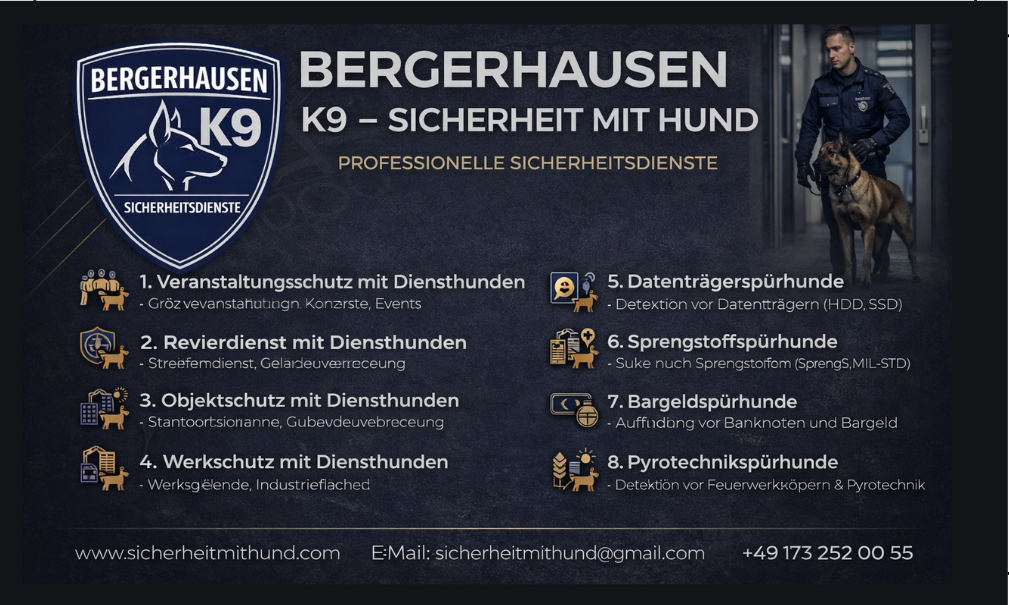 Leistungsübersicht K9 Sicherheitsdienst – Veranstaltungsschutz, Revierdienst, Objektschutz, Sprengstoffspürhunde und Datenträgerspürhunde