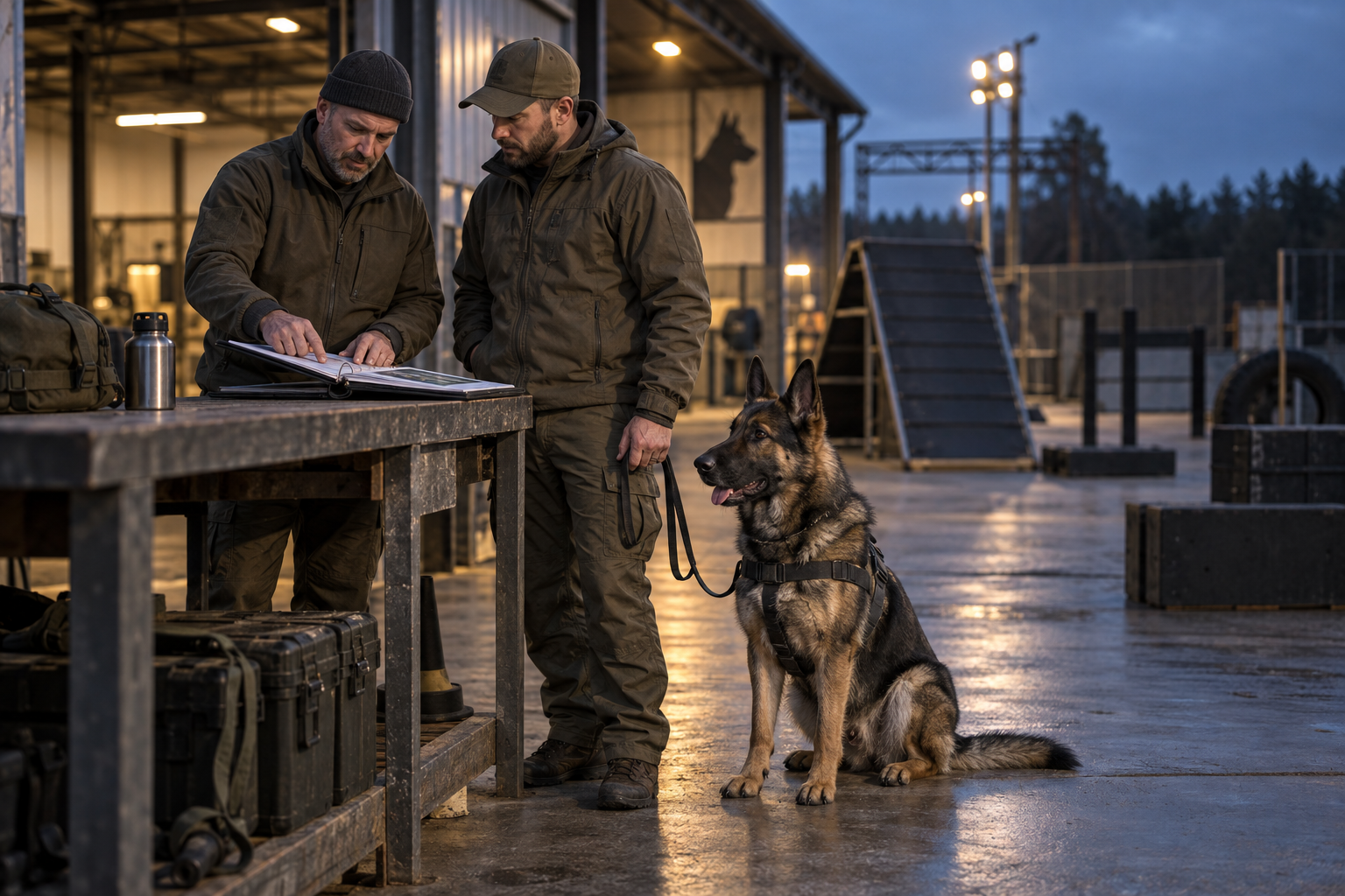 DOGINARE Solutions – Fachwissen und Ausbildungsplanung Zwei K9-Ausbilder besprechen Unterlagen an einem Arbeitstisch. Neben ihnen sitzt ein aufmerksamer Schäferhund auf dem Trainingsgelände.