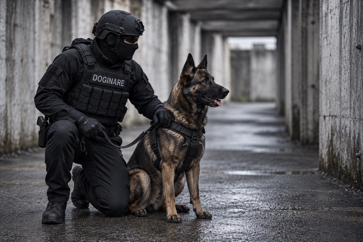 Ein taktisch ausgerüsteter Hundeführer kniet neben einem aufmerksamen Schäferhund. Beide blicken in dieselbe Richtung.
