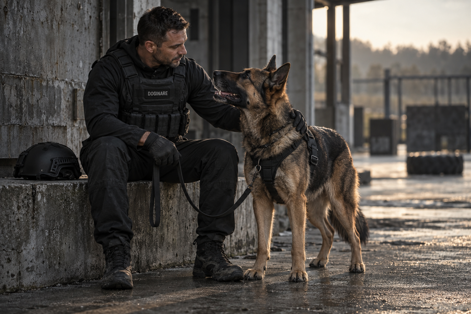 Ein Hundeführer sitzt auf einer Betonstufe und hält Blickkontakt mit seinem Schäferhund. Seine Hand liegt auf der Schulter des Hundes.