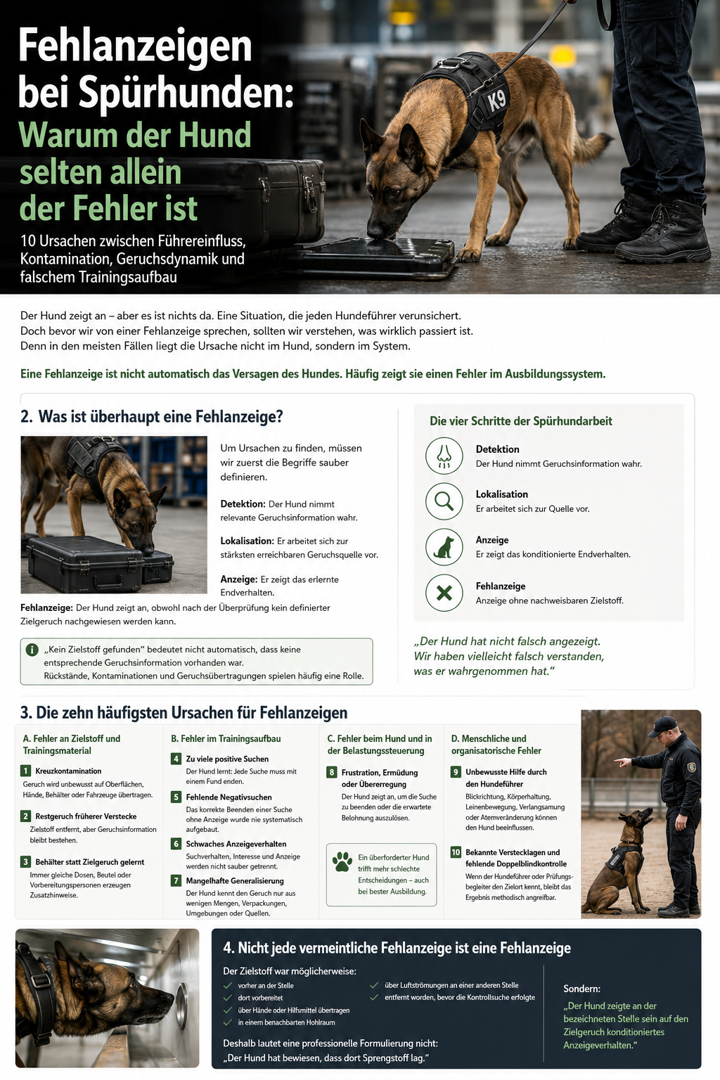 Fehlanzeigen bei Spürhunden – Ursachen und Fehleranalyse Infografik zu Fehlanzeigen bei Spürhunden mit zehn häufigen Ursachen und Einflussfaktoren