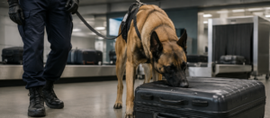 Spürhund untersucht einen Koffer bei einer professionellen Geruchssuche